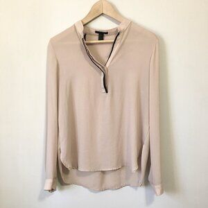 Classy Sheer Bisque and Black Trim Tunic Neck Blouse